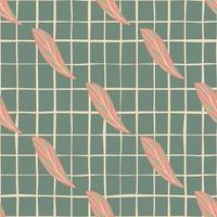 Decorative seamless pattern with pink diagonal stylized leaves shapes. Turquoise chequered background. vector