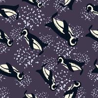 Random seamless pattern with doodle hand drawn penguin silhouettes. Purple background with splashes. vector