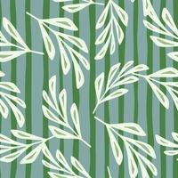 White random geometric foliage abstract branches ornament. Green and blue striped background. vector