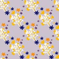 Bright spring seamless pattern with orange and white floral silhouettes and purple daisy flowers. Pastel background. vector