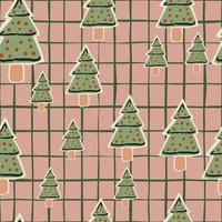 Random seamless doodle pattern with stylized winter cookies fir tree shapes. Green tasty ornament on pink chequered background. vector