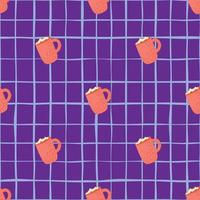 Bright seamless winter pattern with pink colored cocoa cup ornament. Purple chequered background. vector