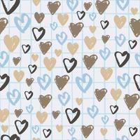 Hand drawn heart shapes seamless pattern. Simple design with brown and blue love ornament on light background with check. vector