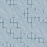 Creative seamless pattern with hand drawn contoured leaf shapes. Blue pastel color palette. Chequered background. vector