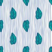 Decorative seamless pattern with blue colored leaves shapes. Striped background. vector
