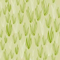 Green outline seaweed silhouettes seamless pattern. Beige ornament. Ocean leaves artwork. vector