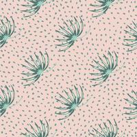 Blue abstract tropic bush elements seamless doodle pattern. Pink dotted background. Simple backdrop. vector
