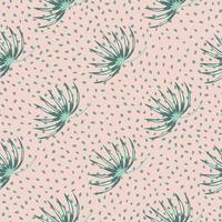 Blue abstract tropic bush elements seamless doodle pattern. Pink dotted background. Simple backdrop. vector