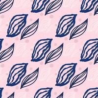 Navy contoured leaves silhouettes seamless pattern. Doodle simple ornament on pink background with dots. vector