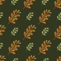 Nature seamless pattern in dark tones with doodle leaf branch ornament. Brown background. Abstract print. vector