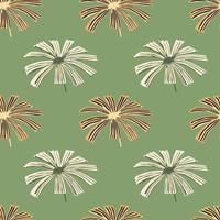 Pastel tones seamless floral pattern with grey and orange colored palm licuala shapes. Green background. vector