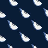 Abstract food seamless pattern with blue colored fig shapes print. Dark navy blue background. vector
