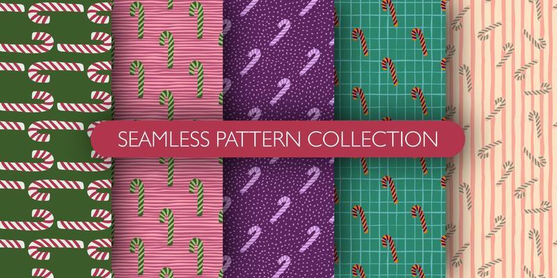 Set of new year seamless doodle pattern with xmas candy lollipop ornament. Holiday treats background collection.