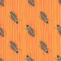 Beige colored insects silhouettes hand drawn seamless pattern. Nature backdrop with orange stripped background. vector