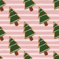 Seamless bakery pattern with new year cookie fir tree ornament. Christmas dessert in green tones on pink stripped background. vector