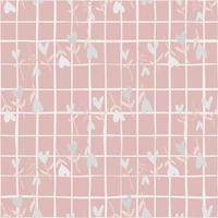 Seamless pale pattern with heart flowers silhouettes. Soft pastel pink background with check and hand drawn light hearts. vector