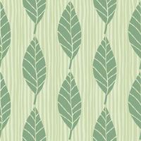 Seamless botanic pattern with leaves in pastel green colors. White background with strips. Floral backdrop. vector