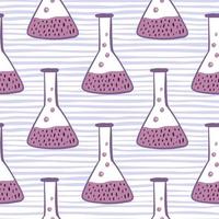 patrón sin costuras con adorno de matraz morado. elementos de experimento de laboratorio sobre fondo azul rayado. vector