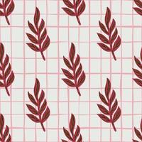 Scrapbook seamless pattern with maroon colored leaves branches elements. Grey chequered background. vector