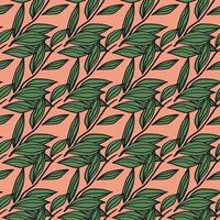 Bright seamless naive pattern with outline leaves green elements. Pink background. Stylized artwork. vector