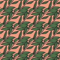 Bright seamless naive pattern with outline leaves green elements. Pink background. Stylized artwork. vector