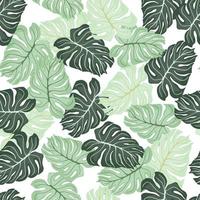 Isolated seamless pattern with random green pastel monstera leaves shapes. White background. vector