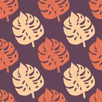 Light and drawk orange monstera leaves ornament seamless pattern. Purple background. Abstract design. vector