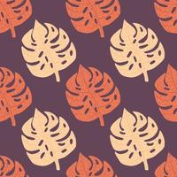 Light and drawk orange monstera leaves ornament seamless pattern. Purple background. Abstract design. vector