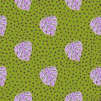 Scrapbook seamless pattern with purple doodle monstera leaf elements. Green dotted background. vector