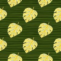 Seamless exotic jungle pattern with light yellow monstera foliage print. Green dark striped background. vector