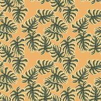 Palm foliage seamless pattern with green random monstera leaves shapes. Orange pastel background. vector