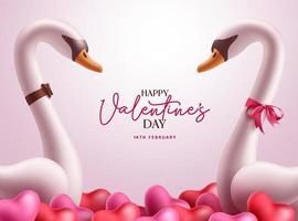 pareja cisne personajes vector diseño de fondo. texto de feliz día de san valentín con personajes de cisne