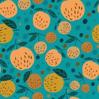 Cute seamless pattern with apples and leaves on green background. vector