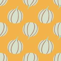 Seamless doodle pattern with pumpkins. Orange background with light blue food elements. Simple backdrop. vector