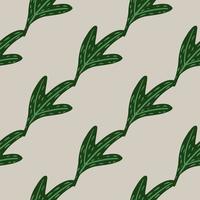 Minimalistic seamless doodle pattern with diagonal green leaves ornament. Light grey background. vector