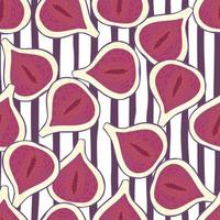 Bright summer seamless pattern with fig fruits elements. Pink food random print on striped background. vector