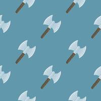 Simple seamless pattern with stylized norway viking ax elements. Doodle armor print on blue background. vector