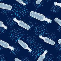 Random seamless pattern with blue hand drawn bottles silhouettes. Navy blue background with splashes. vector