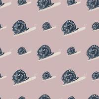 Simple animal ornament seamless snail pattern. Nature backdrop with navy blue achatina silhouette on pale pink background. vector