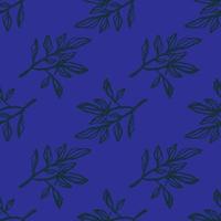 Doodle seamless floral print pattern with contoured branches. Black outline ornament on navy blue background. vector