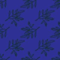 Doodle seamless floral print pattern with contoured branches. Black outline ornament on navy blue background. vector