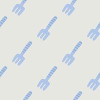 Minimalistic doodle pattern with rake shapes. Garden tool hand drawn ornament in blue color on light grey background. vector