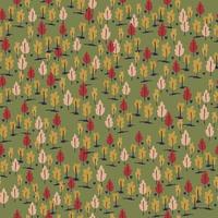 Little forest ornament seamless hand drawn pattern. Autumn palette stylized artwork with trees on green background. vector