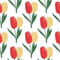 Isolated bright spring seamless tulip pattern. Flower silhouettes with red and yellow buds on white background. vector
