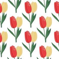 patrón de tulipán sin costuras de primavera brillante aislado. siluetas de flores con capullos rojos y amarillos sobre fondo blanco. vector