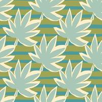 Pastel blue cannabis leaves on seamless pattern. Stripped background in blue and green colors. vector