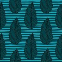 Dark turquoise botanic leaf shapes seamless doodle pattern. Outline foliage ornament on bright striped background. vector