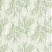 Nature botanic seamless pattern with green contoured tree branches print. Light grey striped background. vector