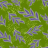 Scrapbook nature seamless pattern with doodle purple branches silhouettes print. Green background with splashes. vector