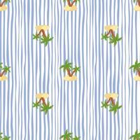 Nature paradise seamless pattern with green palms and island shapes. White and blue striped background. vector